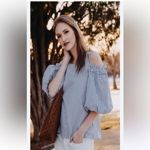 Velvet by Graham & Spencer Vertical Stripe Cold Shoulder Puff Sleeve Top Blouse